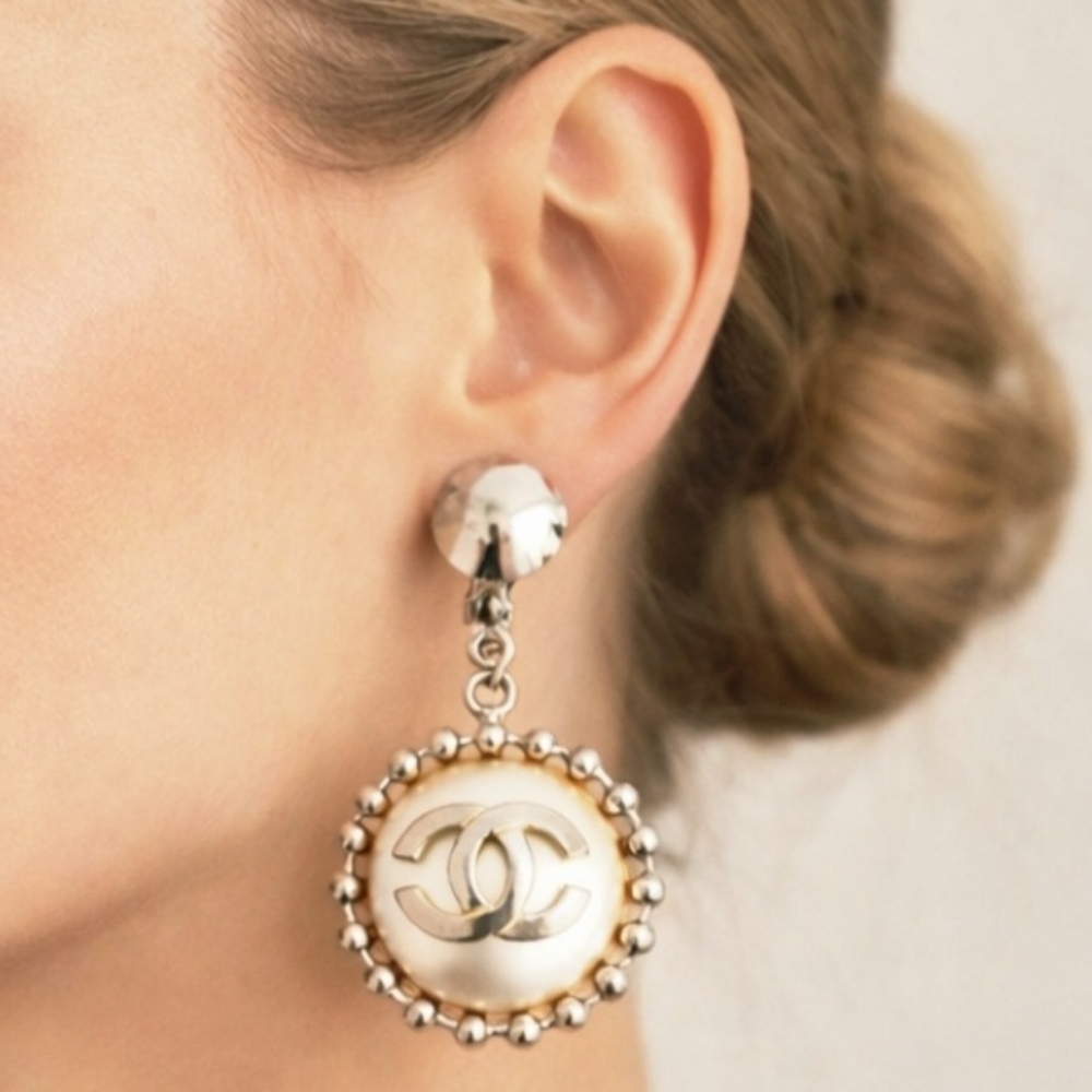 Rare Chanel Faux Pearl & Silver Large Drop Dangling Earrings - Picture 1 of 4